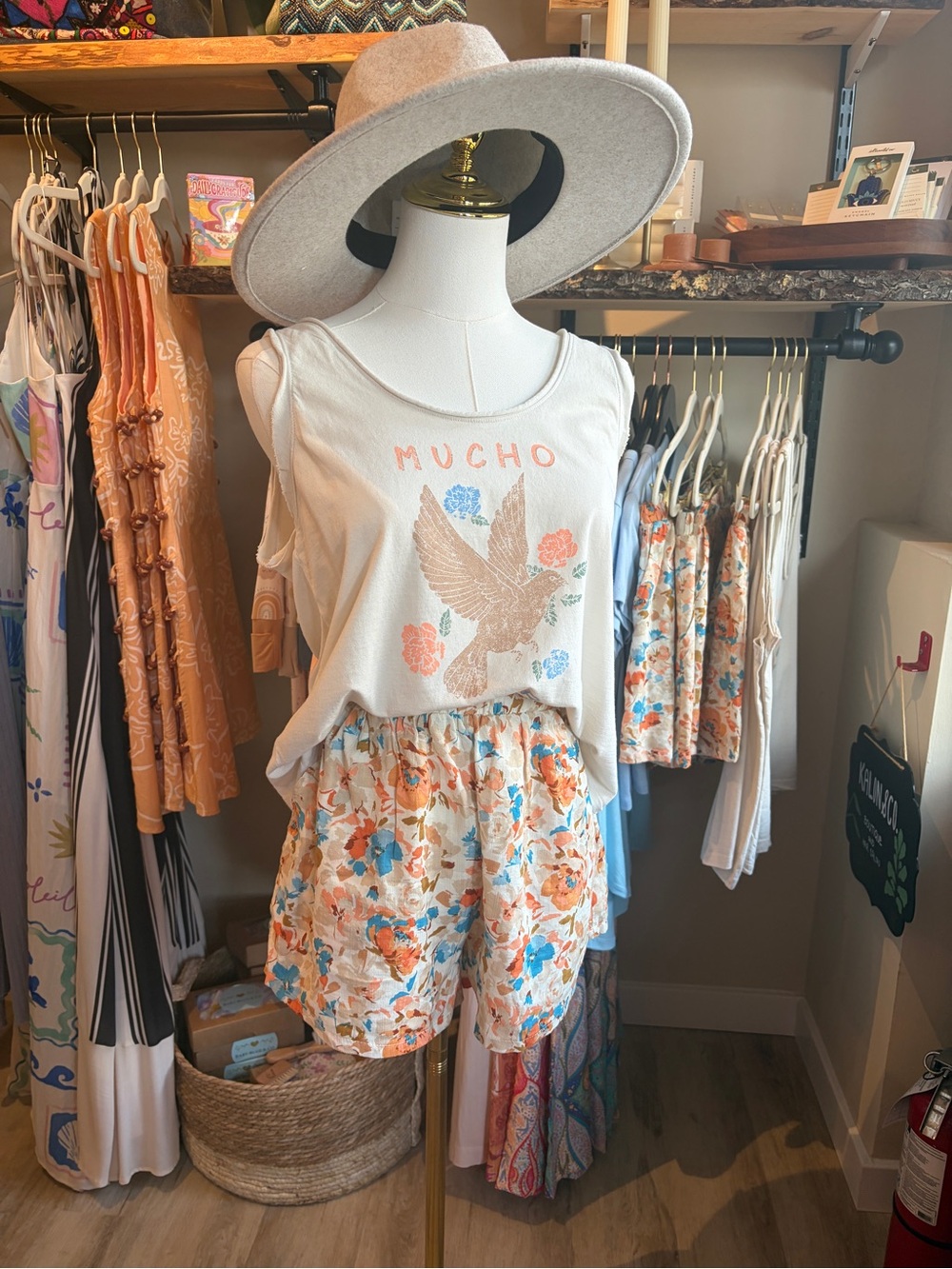 Promesa Cream Tank with Floral Orange & Blue Shorts